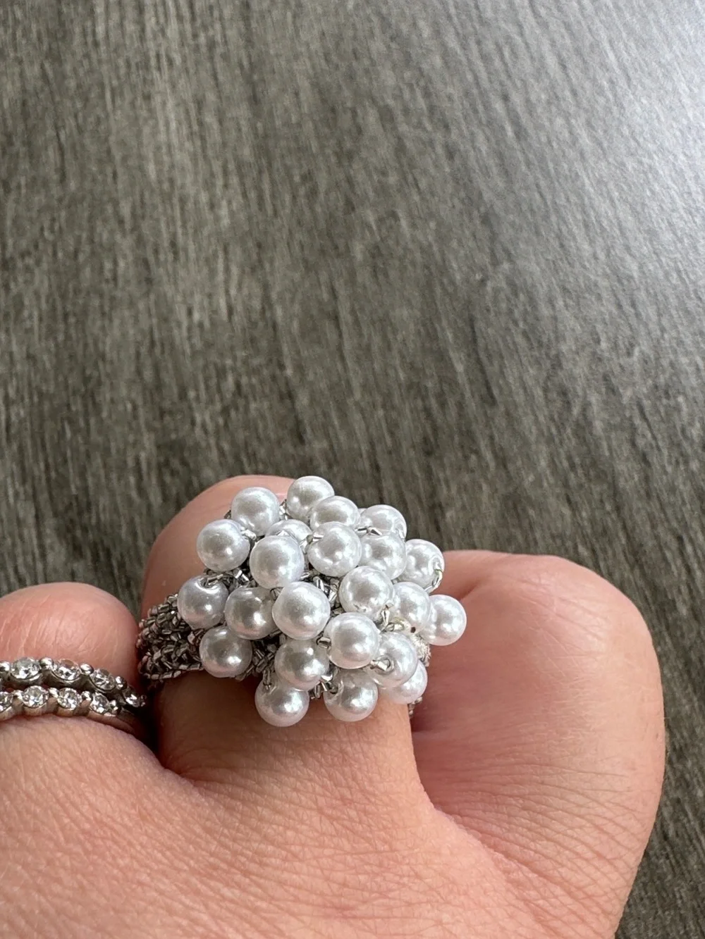 Vintage Elastic Pearl Cluster Ring Silver